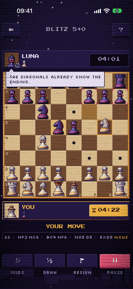 A match in progress against Luna, with clocks
