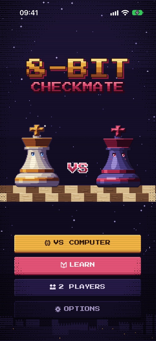 8-Bit Checkmate main menu with the white and black kings facing off