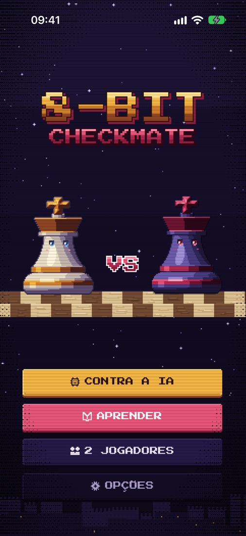 Menu inicial do 8-Bit Checkmate com os reis branco e preto frente a frente
