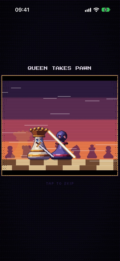 The queen slashes the pawn with her sword